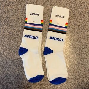 Absolut White and Blue Socks with Rainbow Stripes